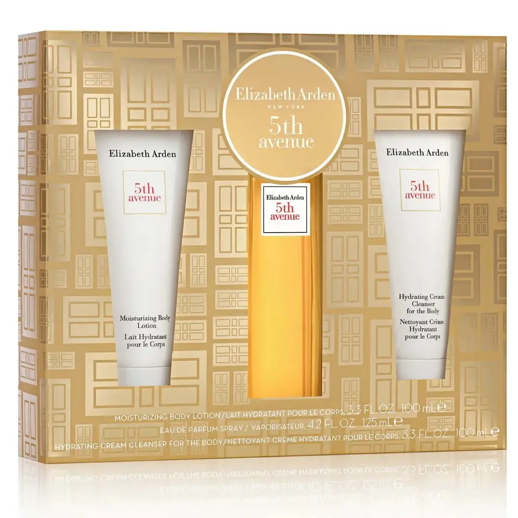Bộ mỹ phẩm (Gift Set), hiệu Elizabeth Arden 5th Avenue, bao gồm: 02 chai nước hoa (Eau de Parfum) dung tích 100ml/chai và 01 tuýp kem dưỡng thể (Body Lotion) dung tích 125ml.Hàng mới 100%.