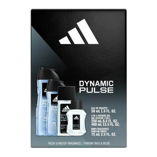 Bộ mỹ phẩm  hiệu Adidas Pulse, bao gồm: 01 chai nước hoa (EDT) 50ml, 01 chai sữa tắm (Body Wash) 400ml, 01 chai sữa tắm (Body Wash) 250ml và 01 chai xịt khử mùi (Body Spray) 75ml, mới 100%